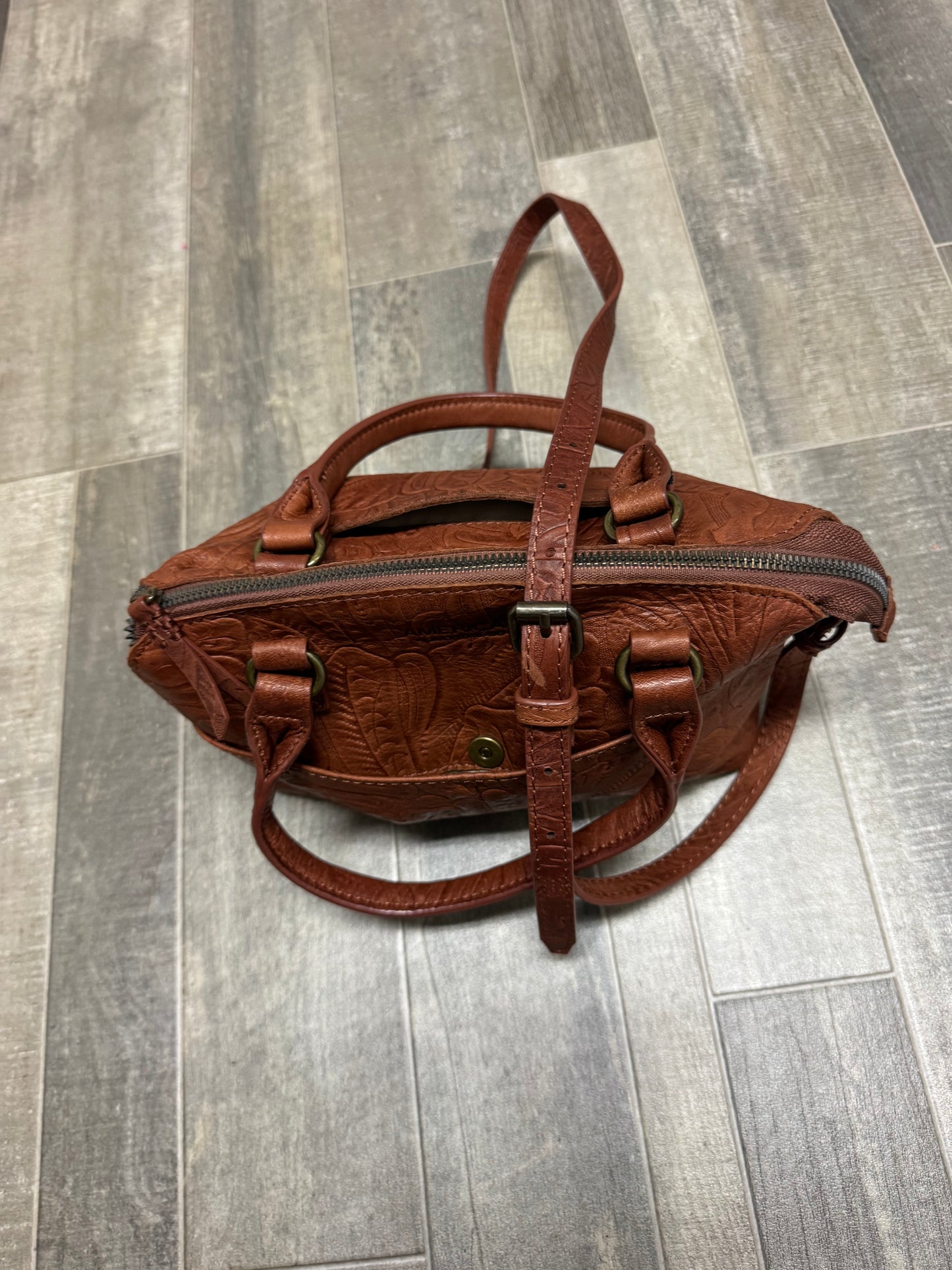 American Leather Co Carrie Dome Satchel Tan Tooled Floral Leather Handbag New