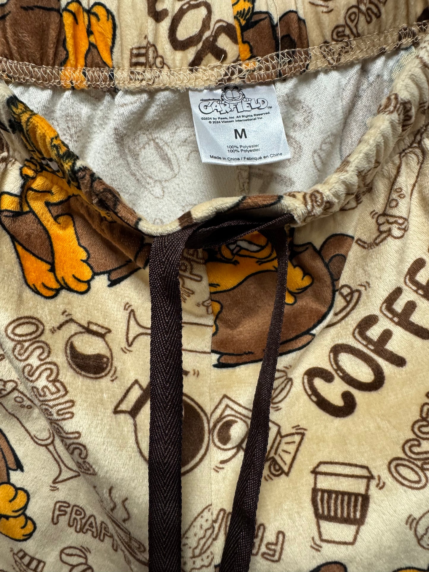 Garfield Coffee Print Jogger Lounge Pajama Pants Beige Brown Comfy Size M