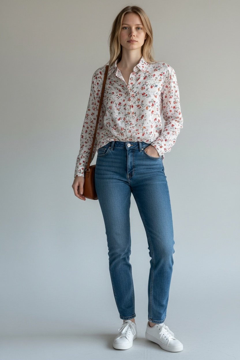 Women’s White Floral Button-Up Shirt Medium Cap Sleeve Lightweight India Boho