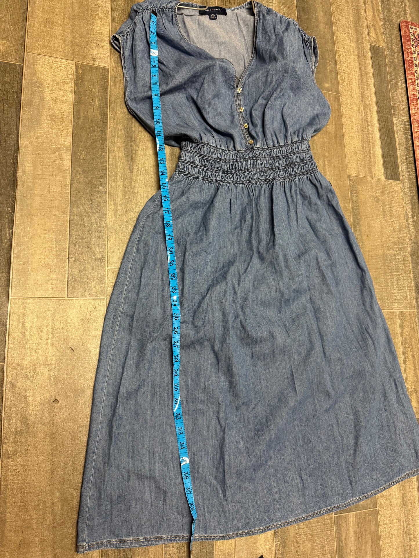 Tommy Hilfiger Denim-Effect Blue Smocked Waist Dress SP/XS Y2K Vacation Casual