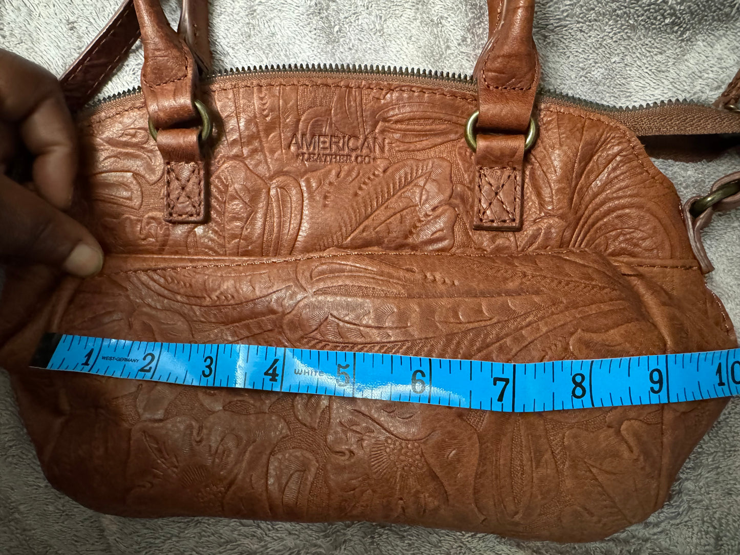 American Leather Co Carrie Dome Satchel Tan Tooled Floral Leather Handbag New