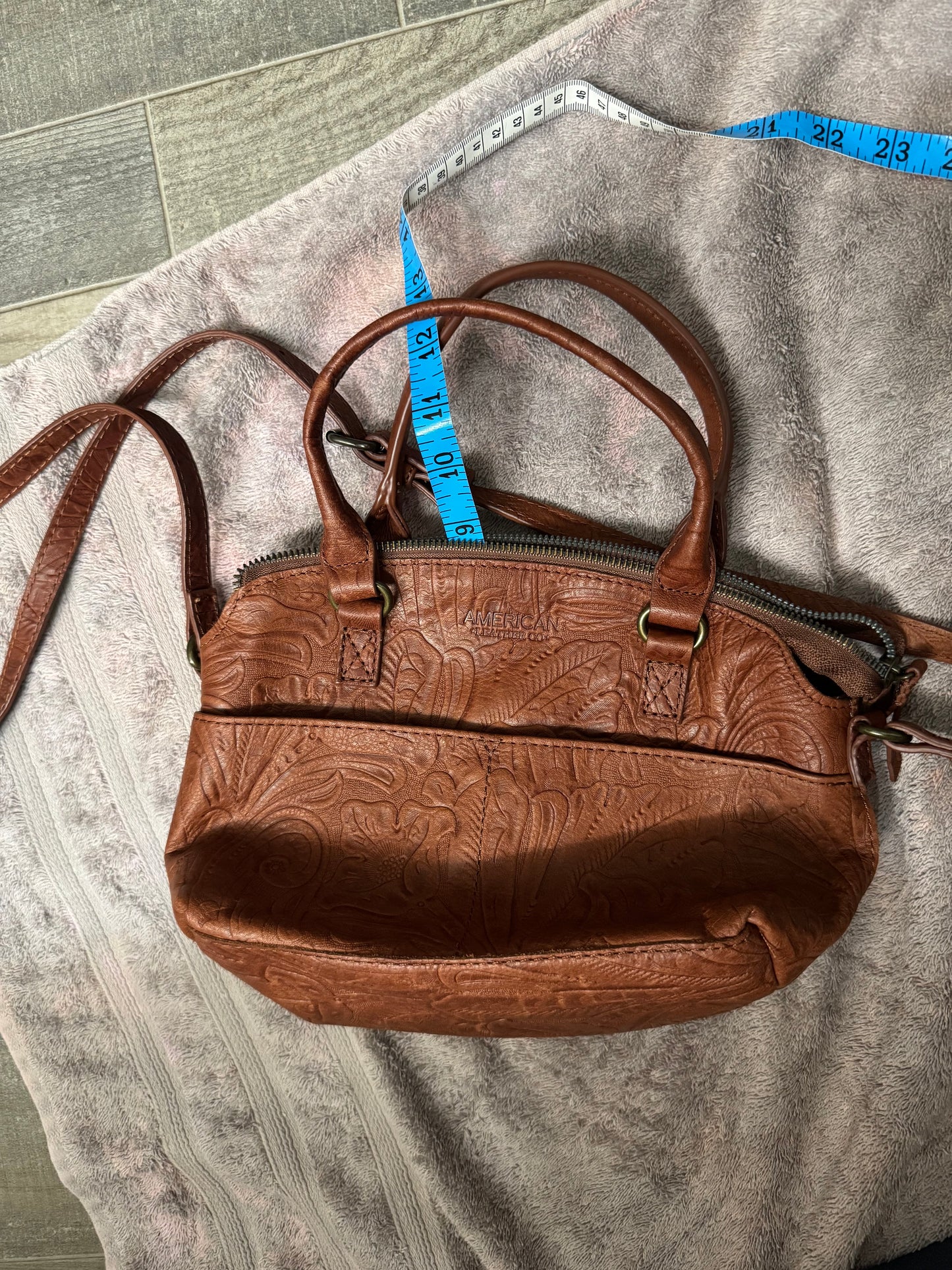 American Leather Co Carrie Dome Satchel Tan Tooled Floral Leather Handbag New