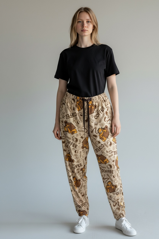 Garfield Coffee Print Jogger Lounge Pajama Pants Beige Brown Comfy Size M