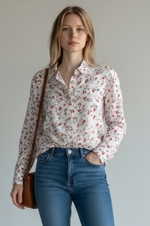Women’s White Floral Button-Up Shirt Medium Cap Sleeve Lightweight India Boho