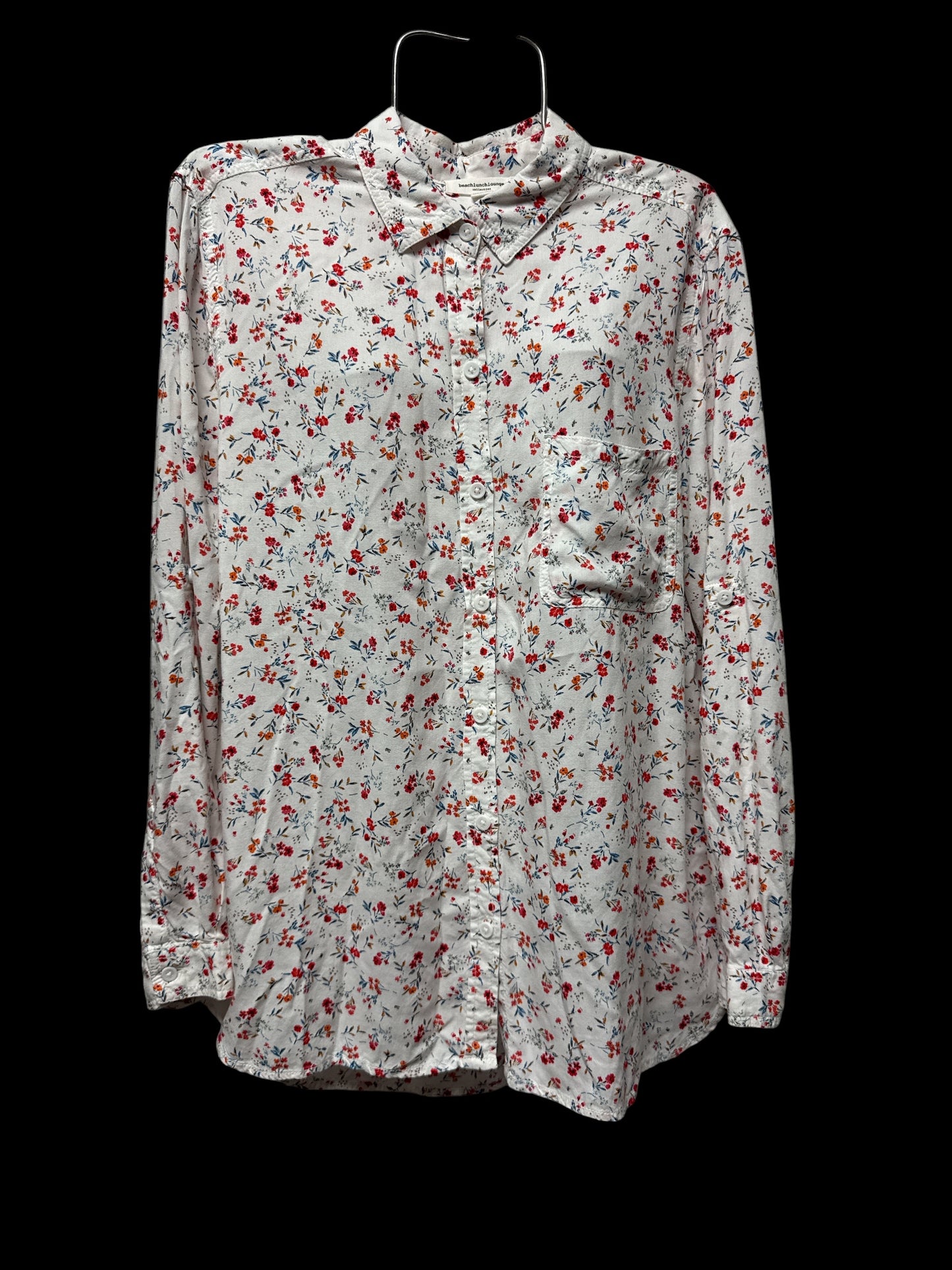 Women’s White Floral Button-Up Shirt Medium Cap Sleeve Lightweight India Boho