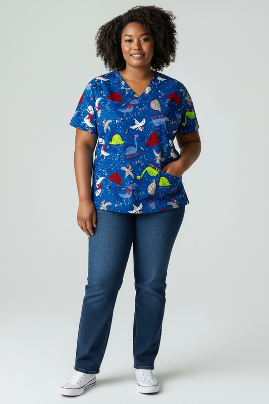 KIO BASIC Women’s Blue Printed V-Neck Scrub Top 3X Medical Nurse Animal Pockets
