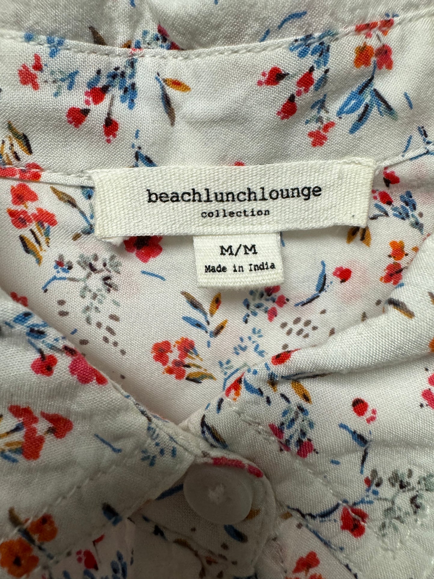 Women’s White Floral Button-Up Shirt Medium Cap Sleeve Lightweight India Boho
