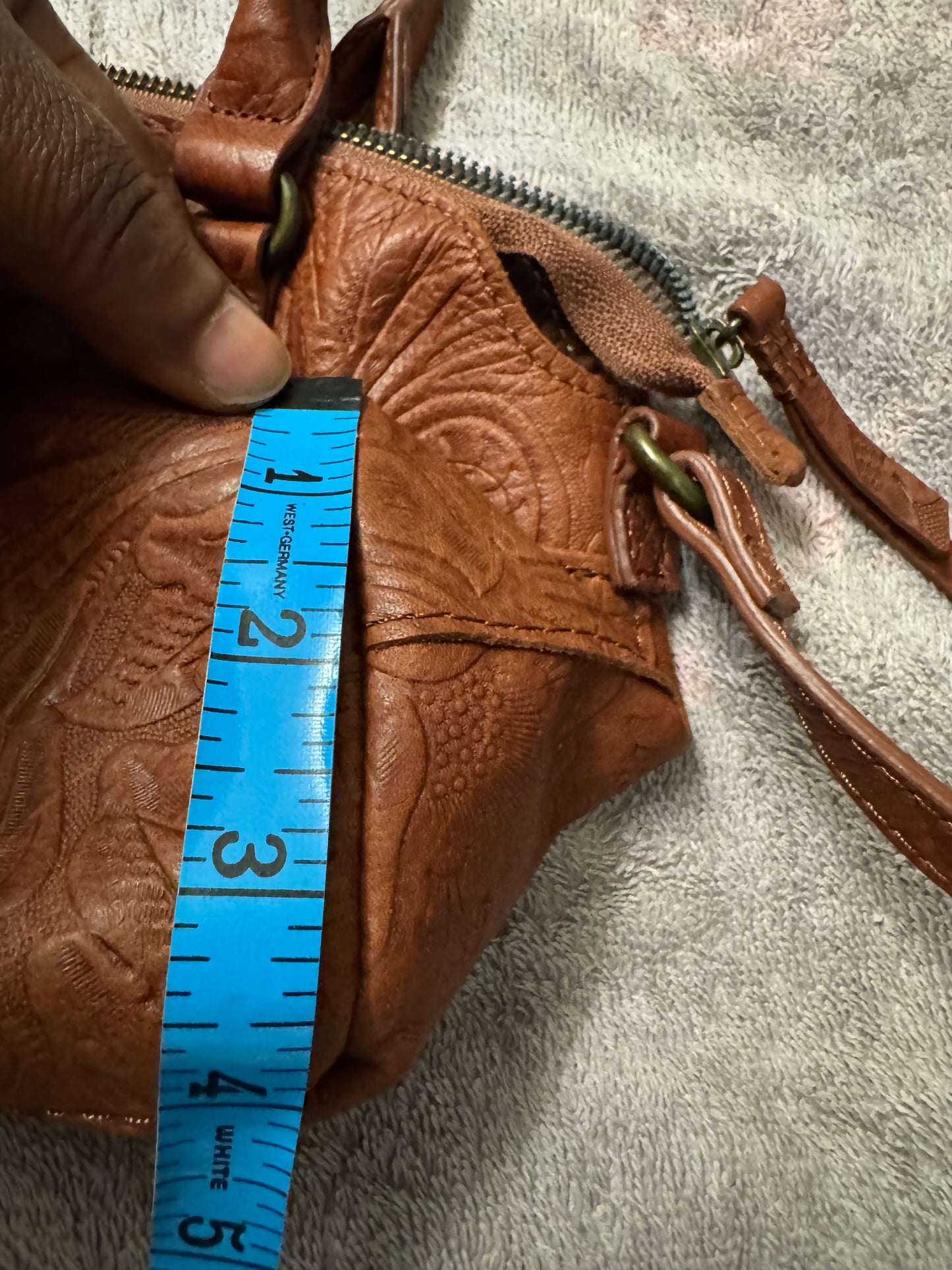 American Leather Co Carrie Dome Satchel Tan Tooled Floral Leather Handbag New