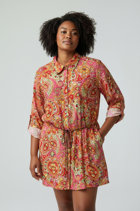 Charter Club Women’s XL Pink Orange Paisley Button-Front Shirt Dress Y2K Casual