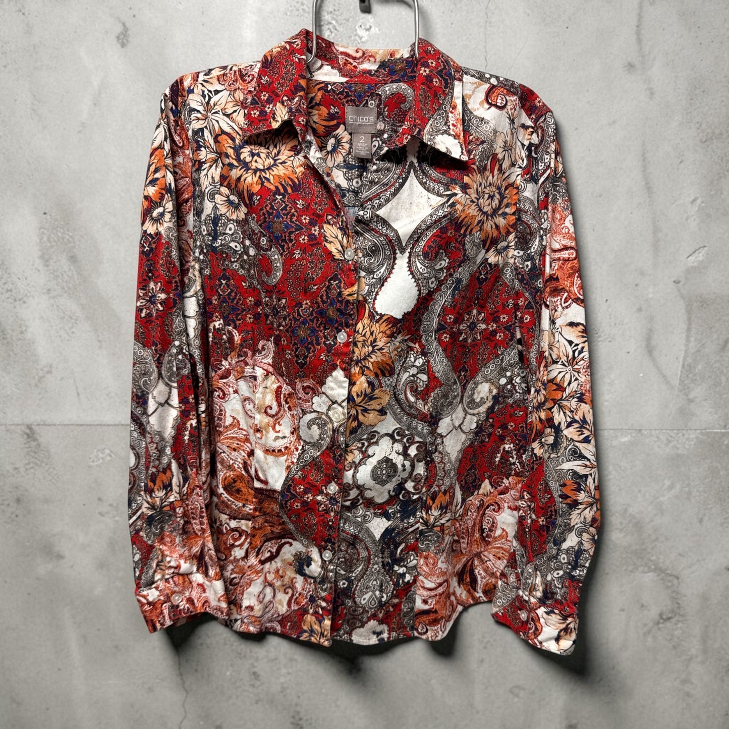 Chico’s US-SZ- 2-(L) Paisley Floral Button-Up Blouse LongSleeve Colorful Women’s