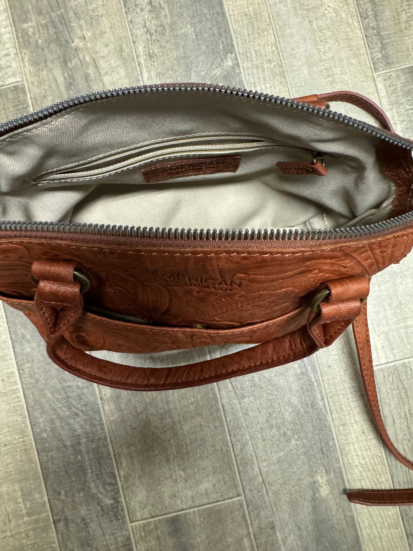 American Leather Co Carrie Dome Satchel Tan Tooled Floral Leather Handbag New