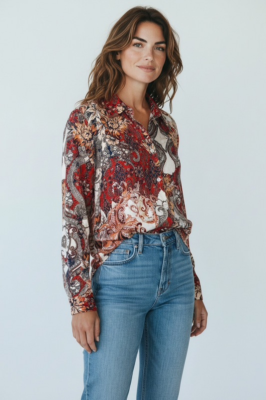 Chico’s US-SZ- 2-(L) Paisley Floral Button-Up Blouse LongSleeve Colorful Women’s