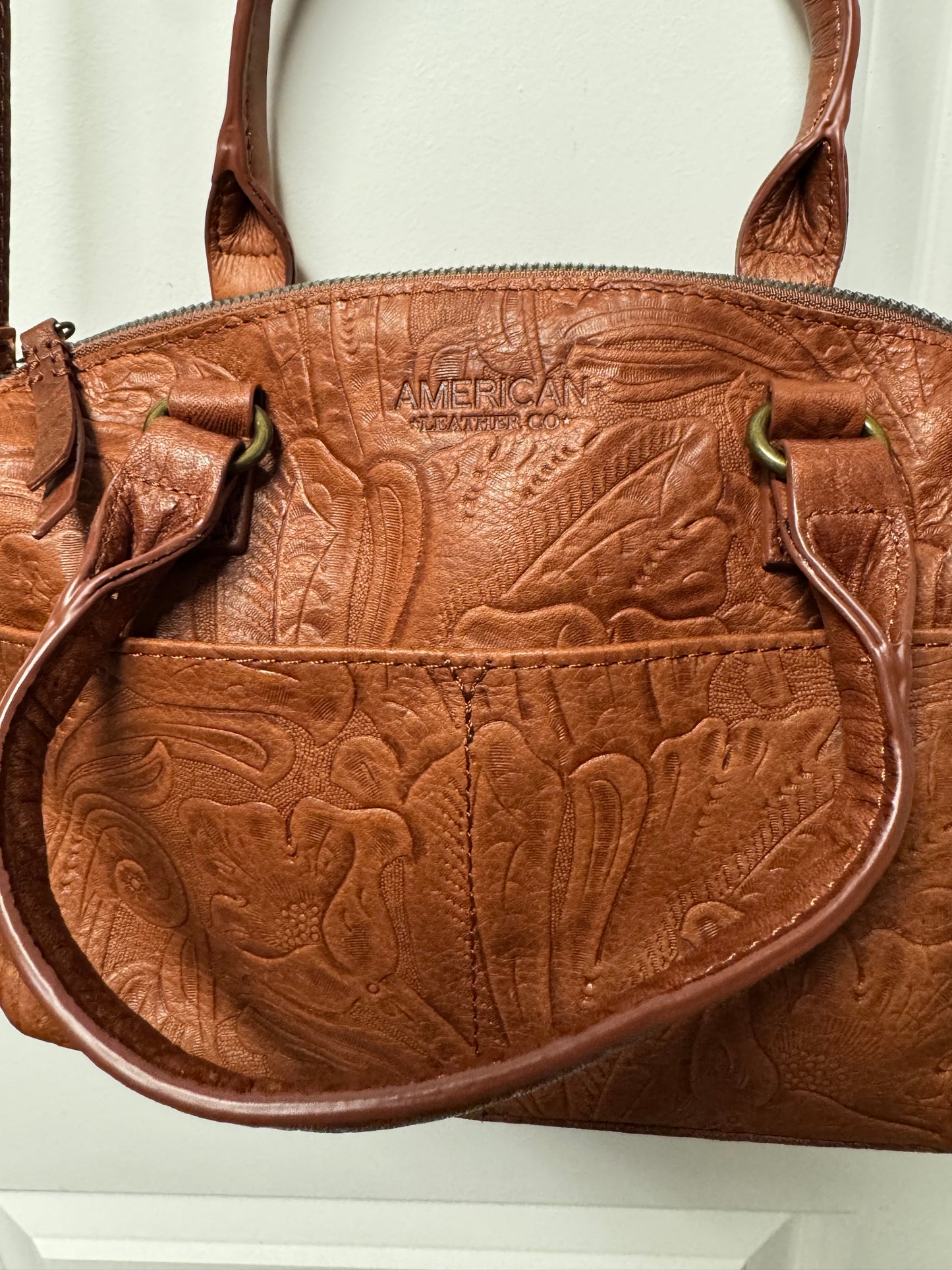 American Leather Co Carrie Dome Satchel Tan Tooled Floral Leather Handbag New