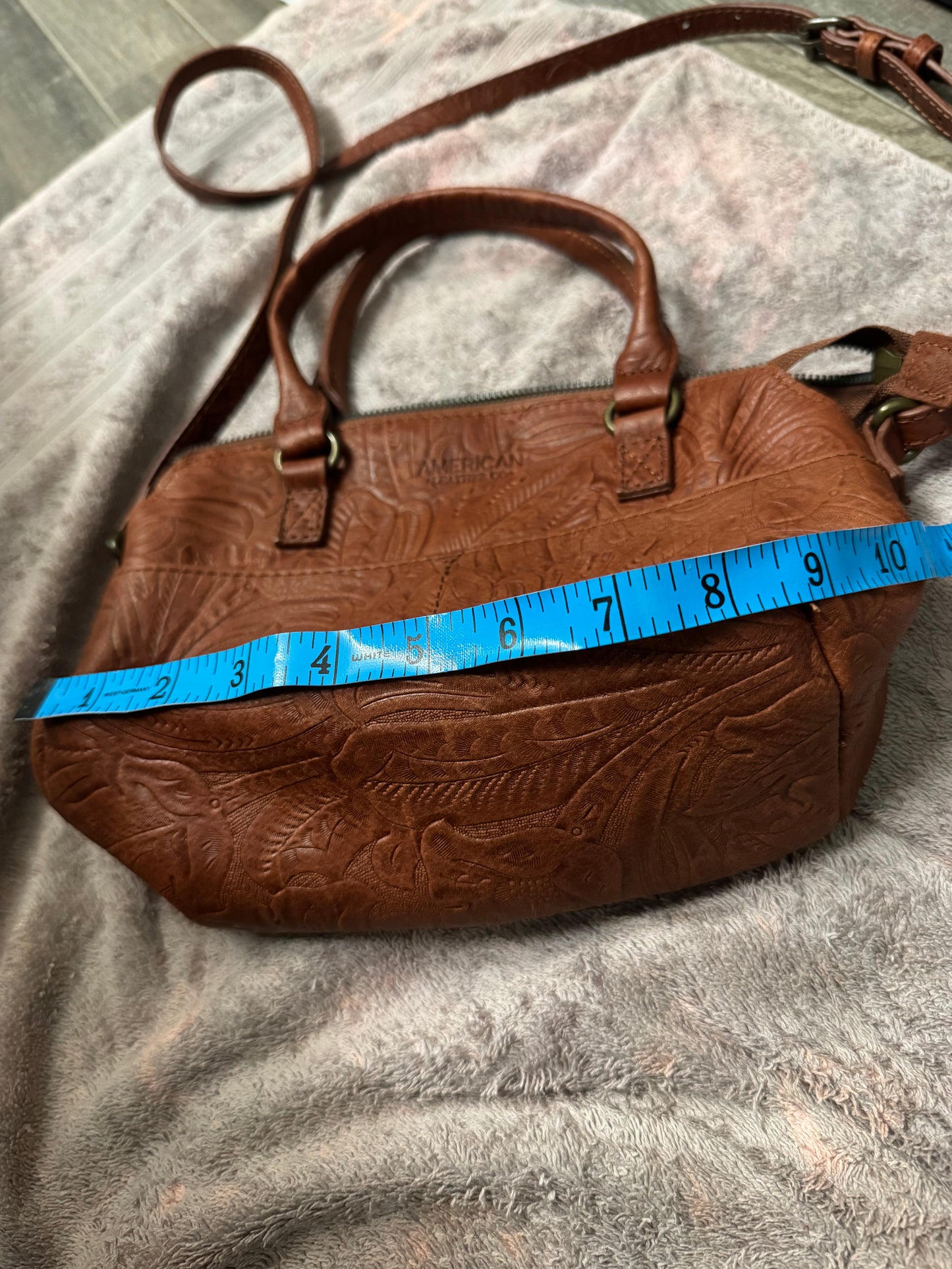 American Leather Co Carrie Dome Satchel Tan Tooled Floral Leather Handbag New