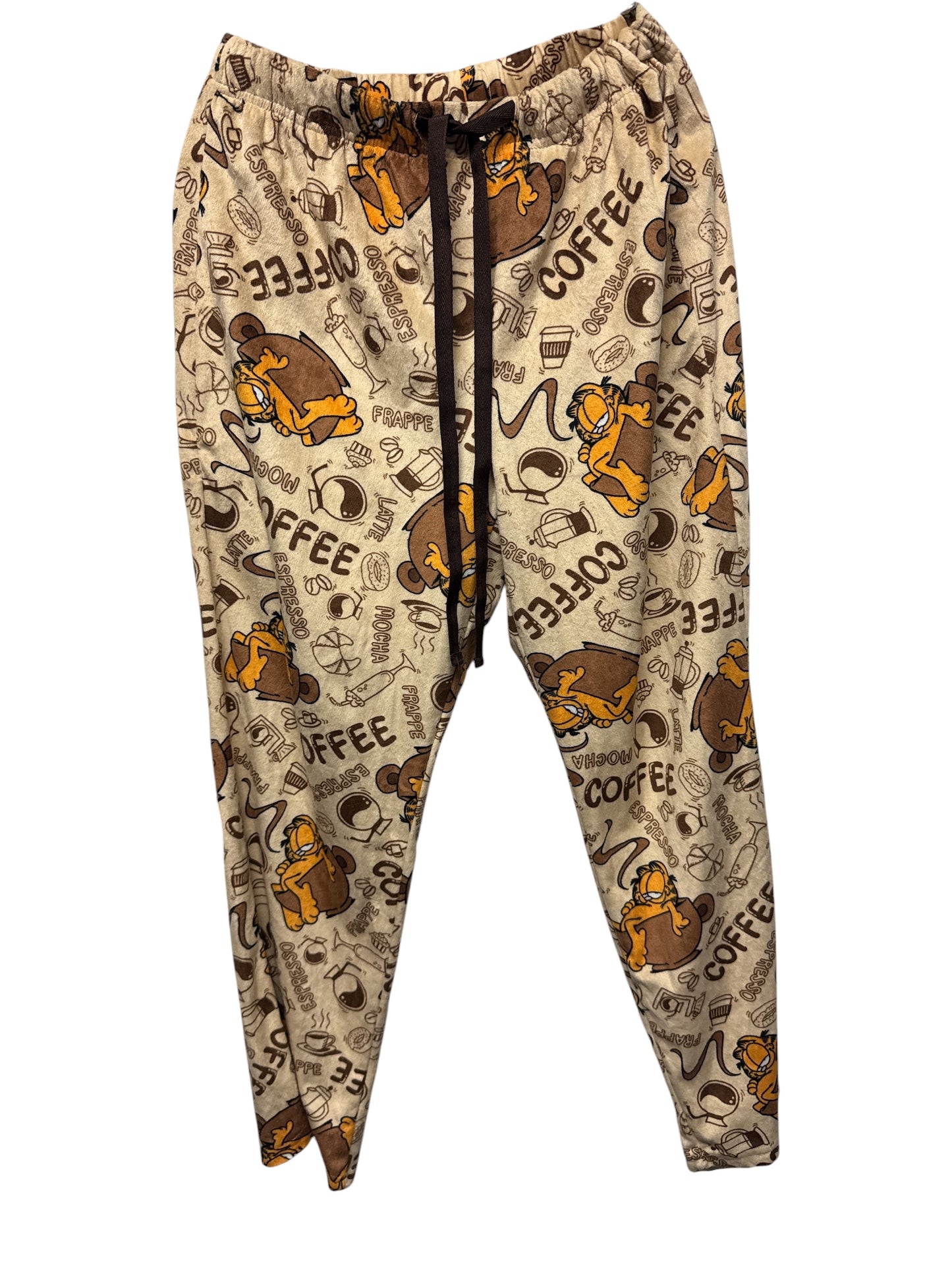 Garfield Coffee Print Jogger Lounge Pajama Pants Beige Brown Comfy Size M