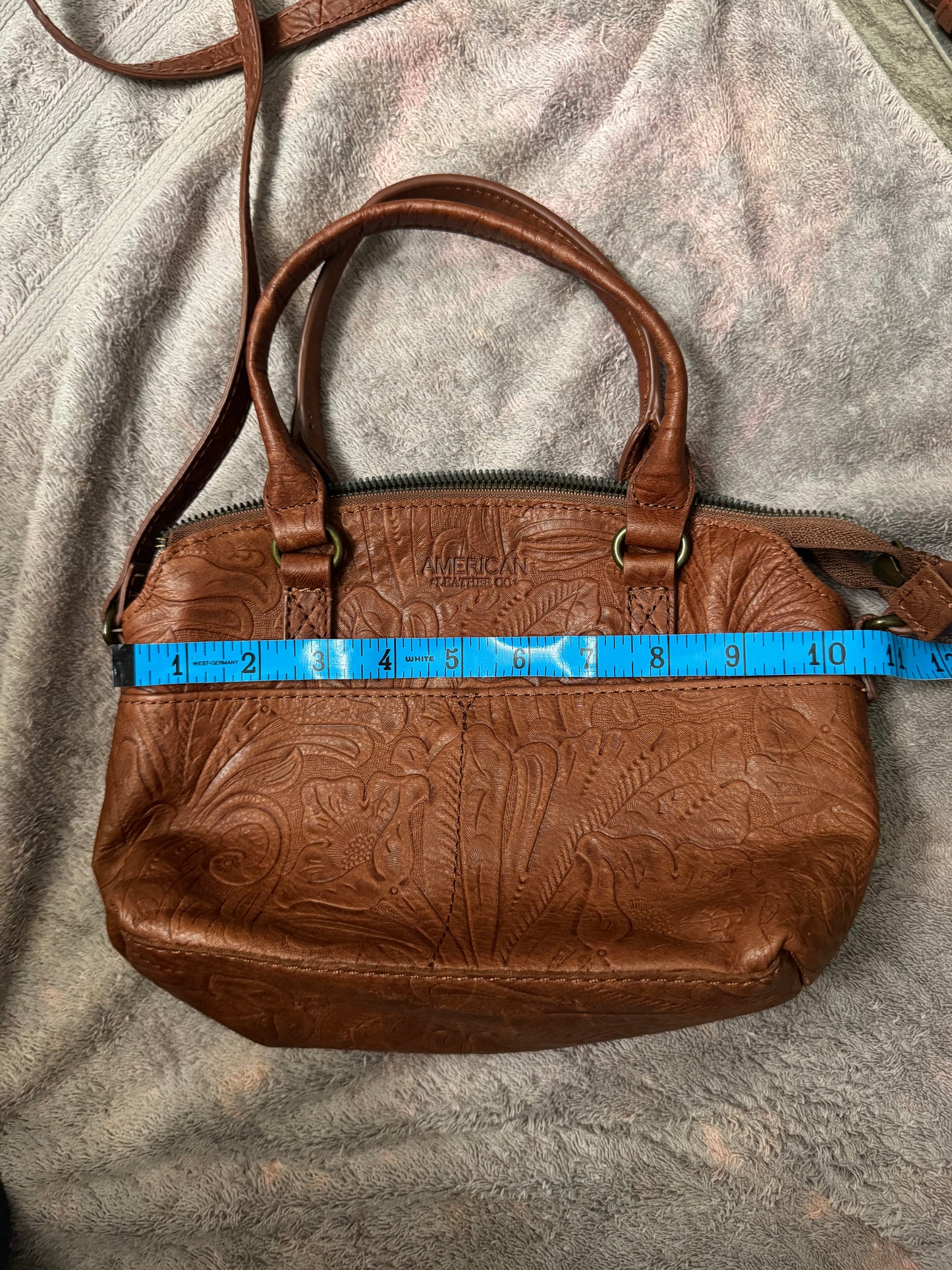 American Leather Co Carrie Dome Satchel Tan Tooled Floral Leather Handbag New