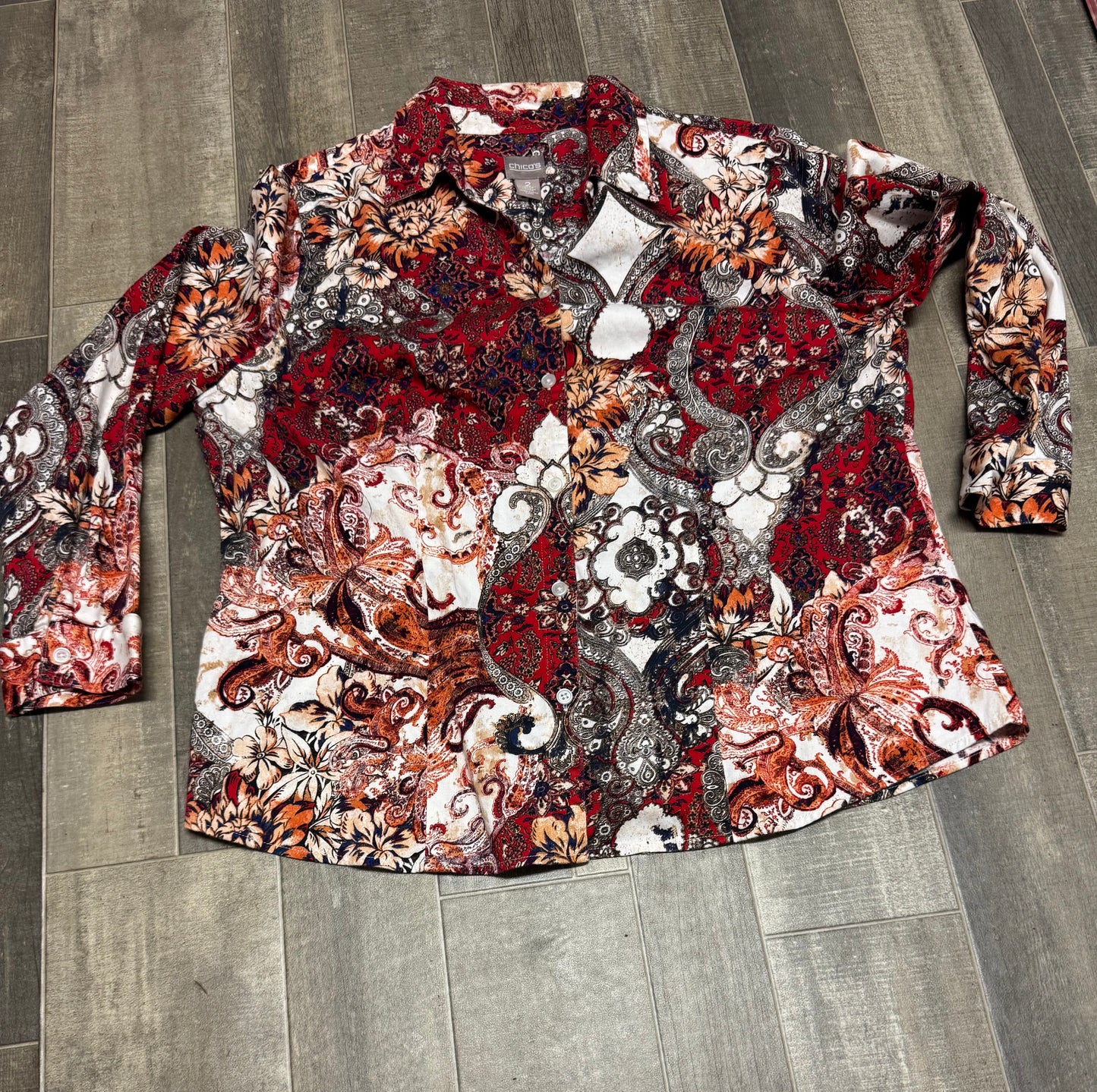 Chico’s US-SZ- 2-(L) Paisley Floral Button-Up Blouse LongSleeve Colorful Women’s