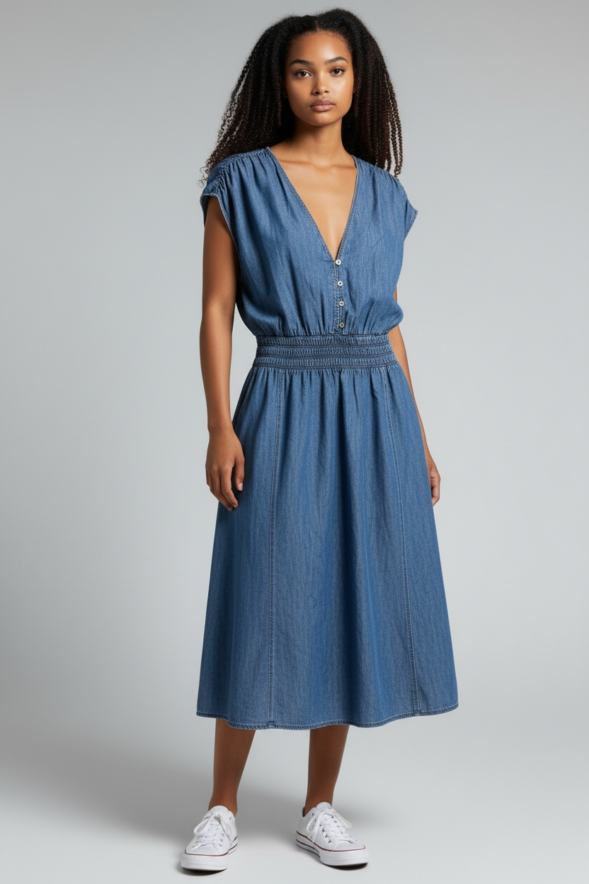 Tommy Hilfiger Denim-Effect Blue Smocked Waist Dress SP/XS Y2K Vacation Casual