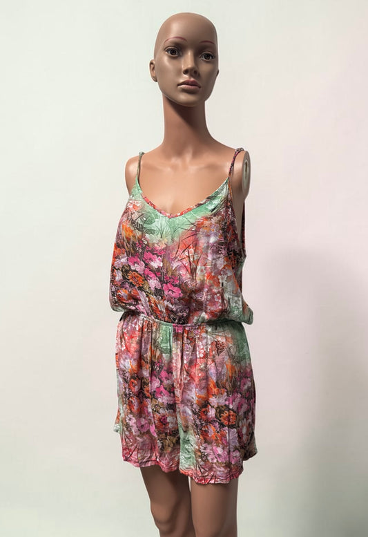 Coldwater Creek Women’s Floral Sleeveless Romper Shorts Size 10 Pink Green Boho